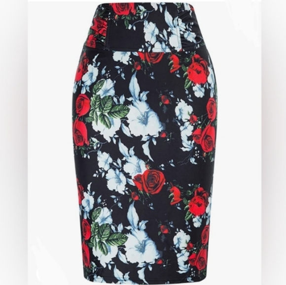 Vintage FloralPrint High-Rise Midi PencilSkirt Black - Picture 2 of 13